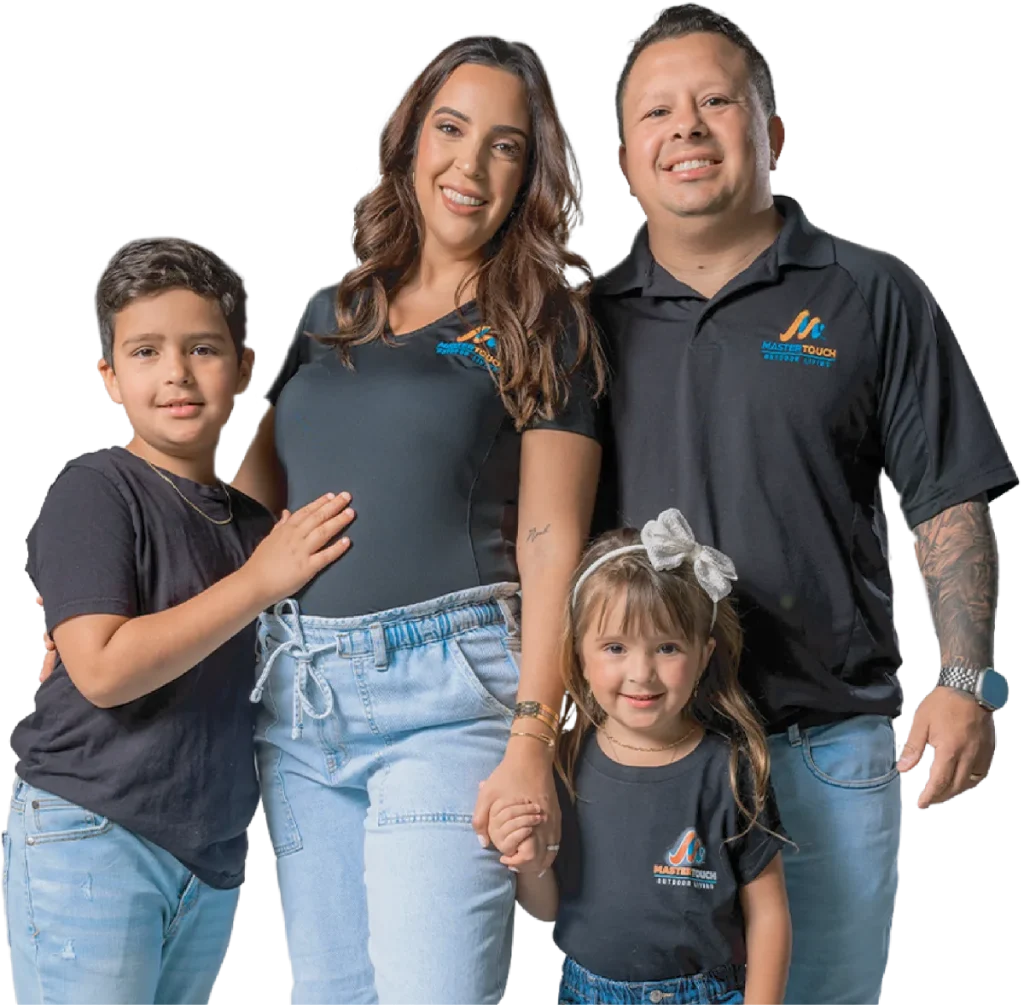 The Silva family, owners of Master Touch Outdoor Living, in company shirts